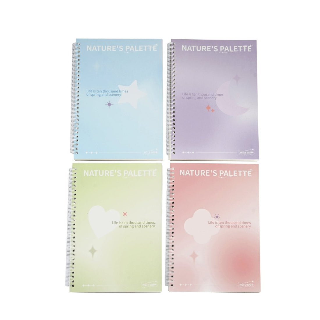 Set of 4 B5 coil notebooks with pastel blue, purple, green, and pink covers