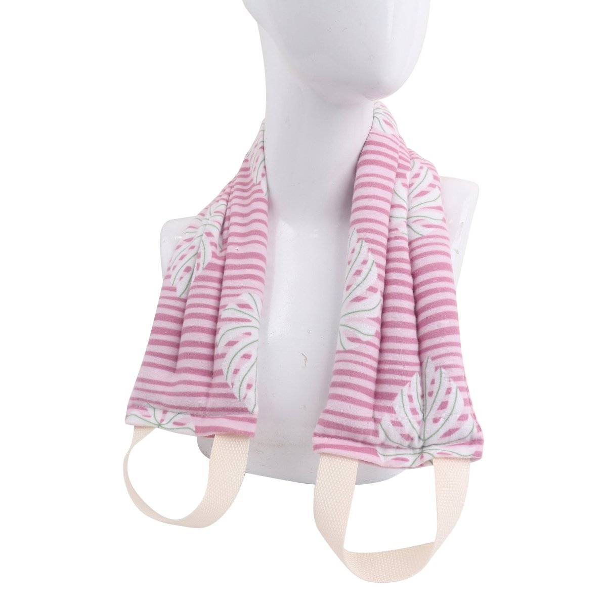 Neck and shoulder heat pack worn on mannequin, pink striped floral fabric with two handles