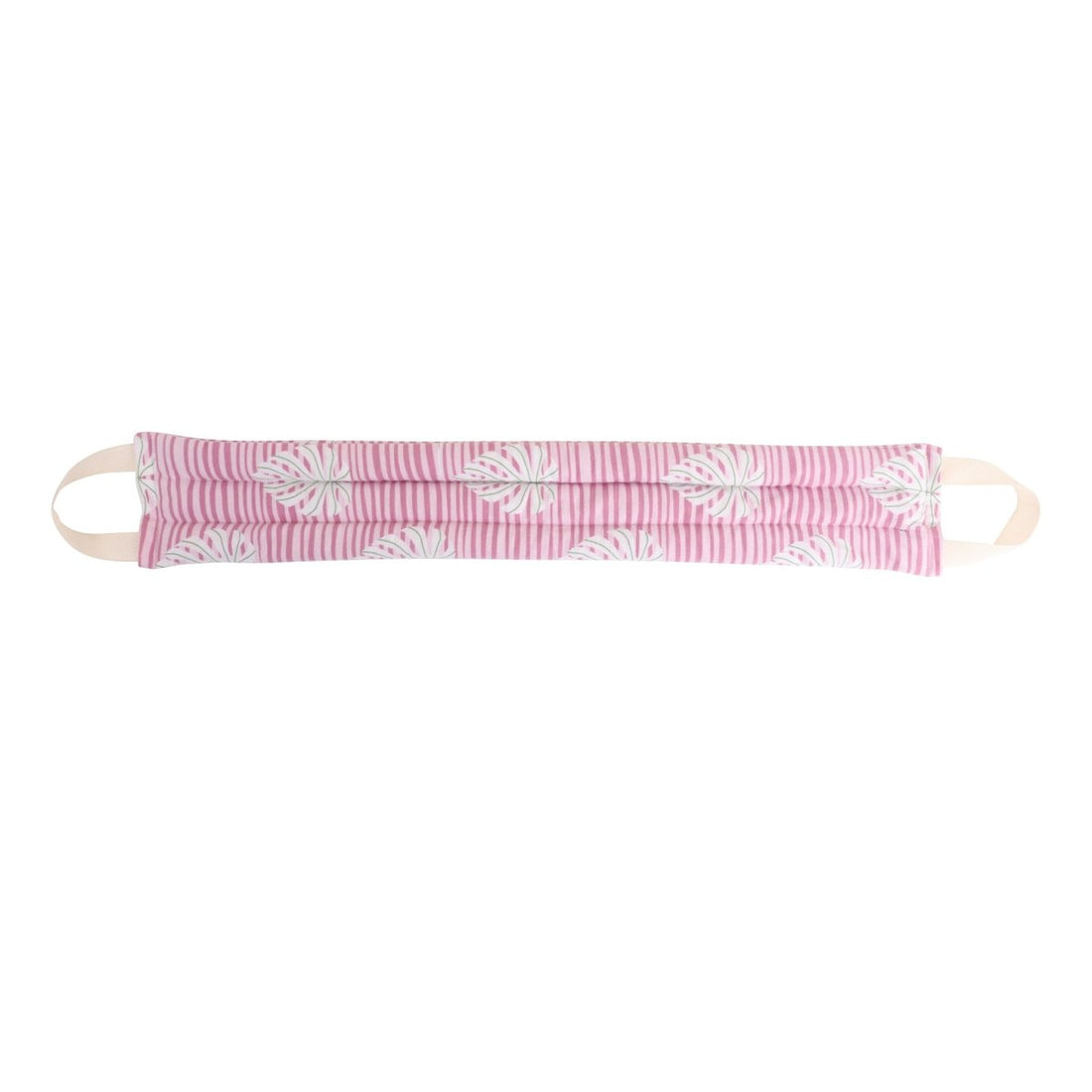 Neck and shoulder heat pack in pink-and-white striped fabric with floral print and two straps