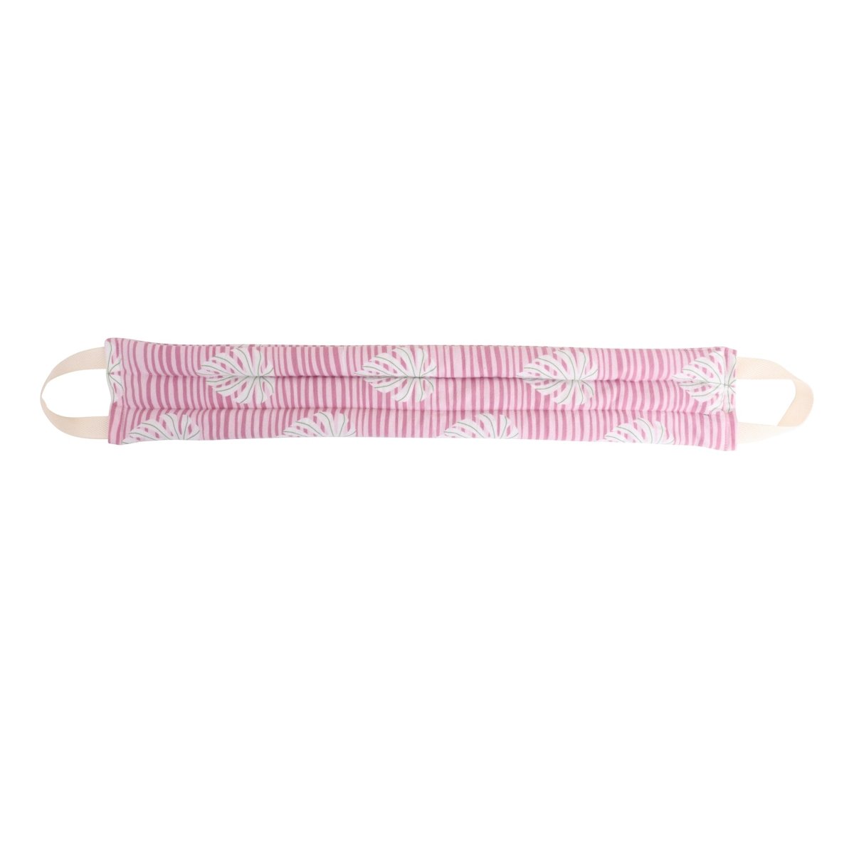 Neck and shoulder heat pack in pink-and-white striped fabric with floral print and two straps