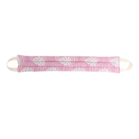 Neck and shoulder heat pack in pink-and-white striped fabric with floral print and two straps