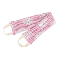 Neck and shoulder heat pack folded, pink-and-white striped fabric with floral print straps