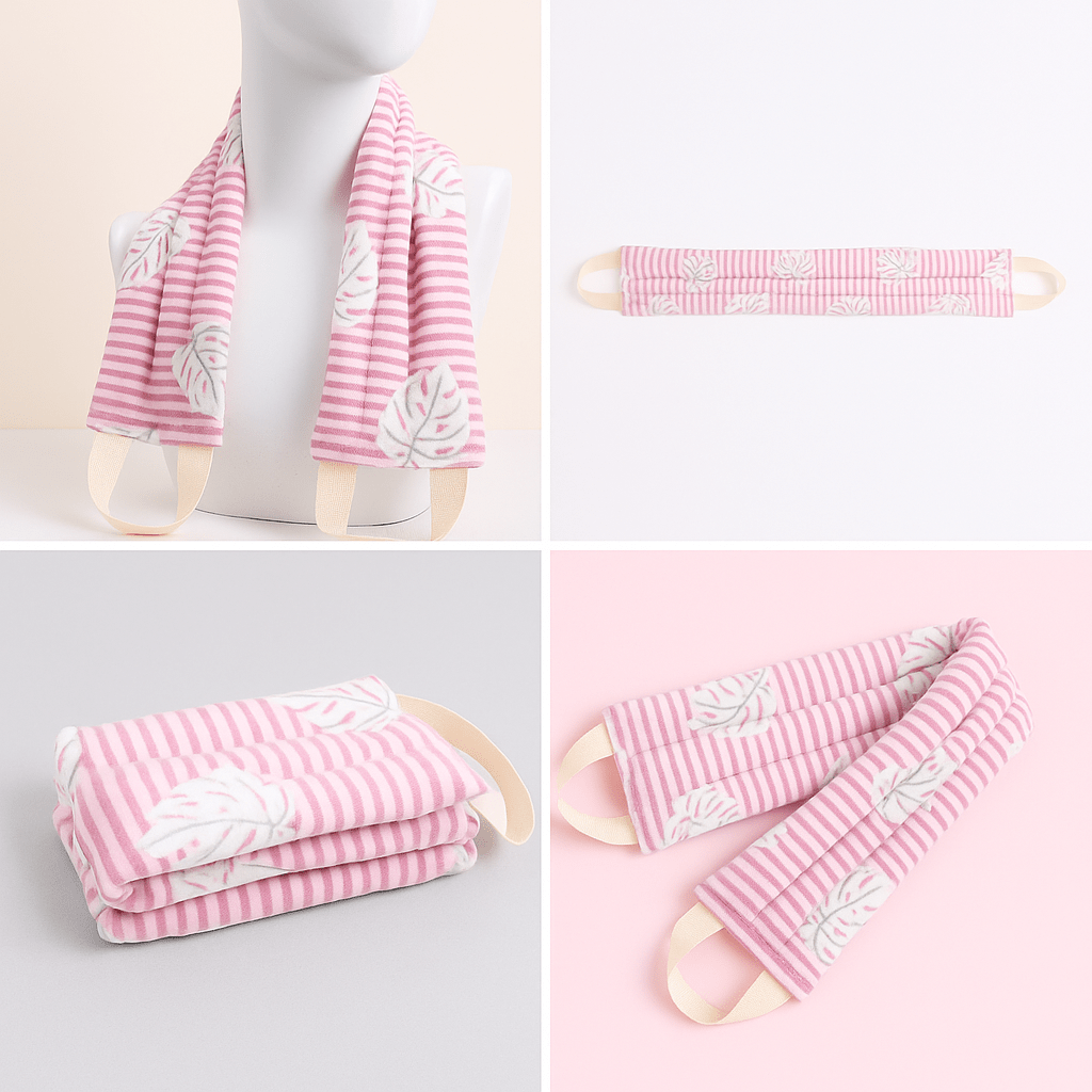 Neck and shoulder heat pack in pink-and-white striped fabric with floral print straps