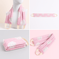Neck and shoulder heat pack in pink-and-white striped fabric with floral print straps