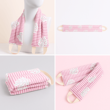 Neck and shoulder heat pack in pink-and-white striped fabric with floral print straps