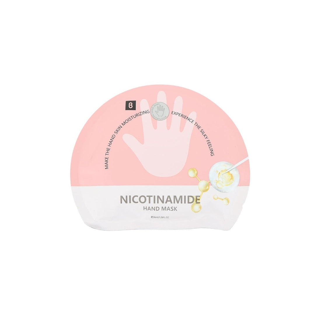 Nicotinamide hand mask sachet, pink top and white bottom with hand graphic