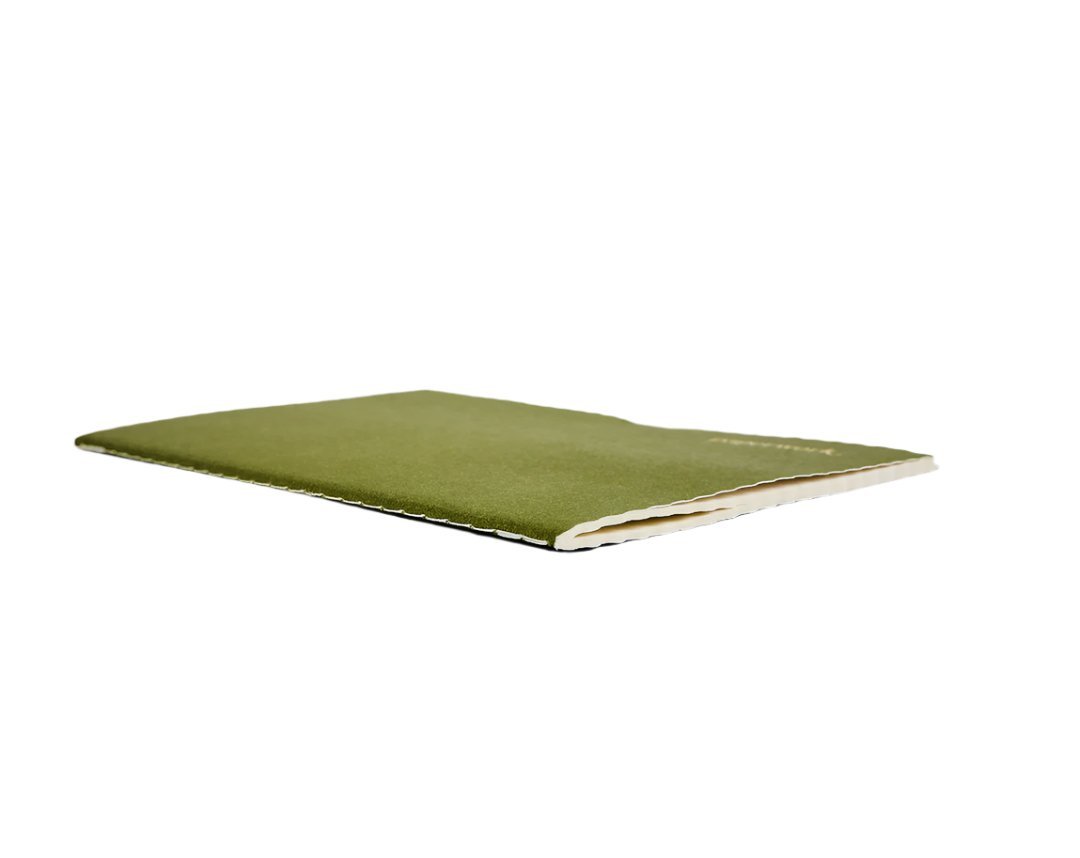 Olive green wavy coil notebook, open-edged side view, textured cover