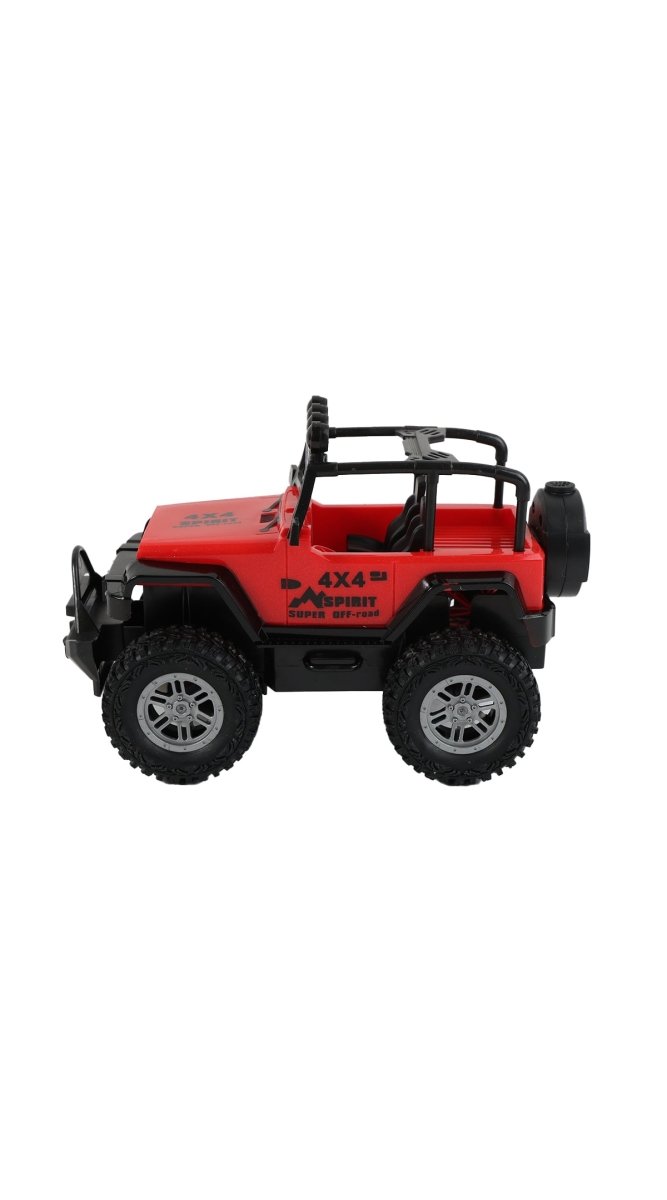 Red RC Jeep-style off-road car with roll cage and four-wheel tires