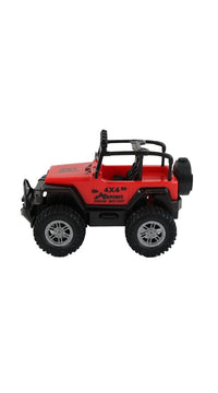 Red RC Jeep-style off-road car with roll cage and four-wheel tires