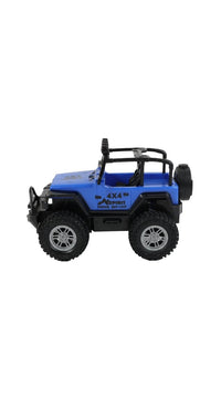 Blue RC Jeep off-road car with front bumper and four-wheel drive stance