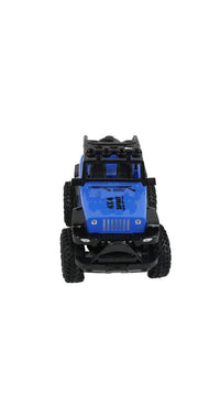 Blue RC Jeep off-road car with front grille and black roll cage