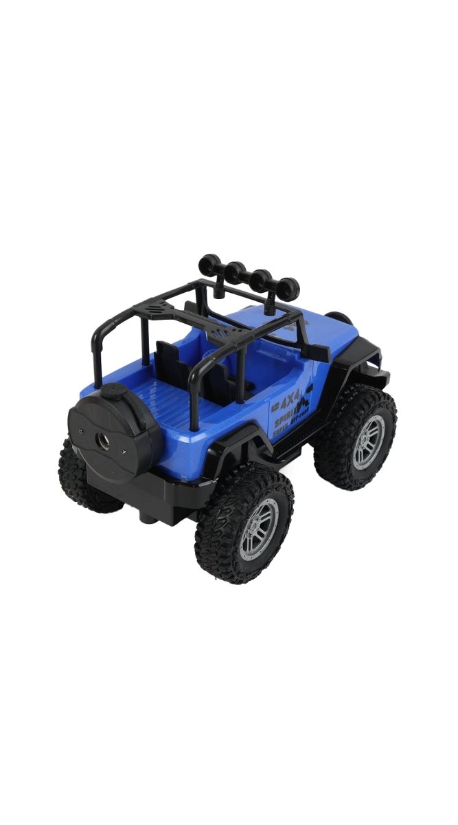 Blue RC Jeep off-road car with roll bar and large tread tires