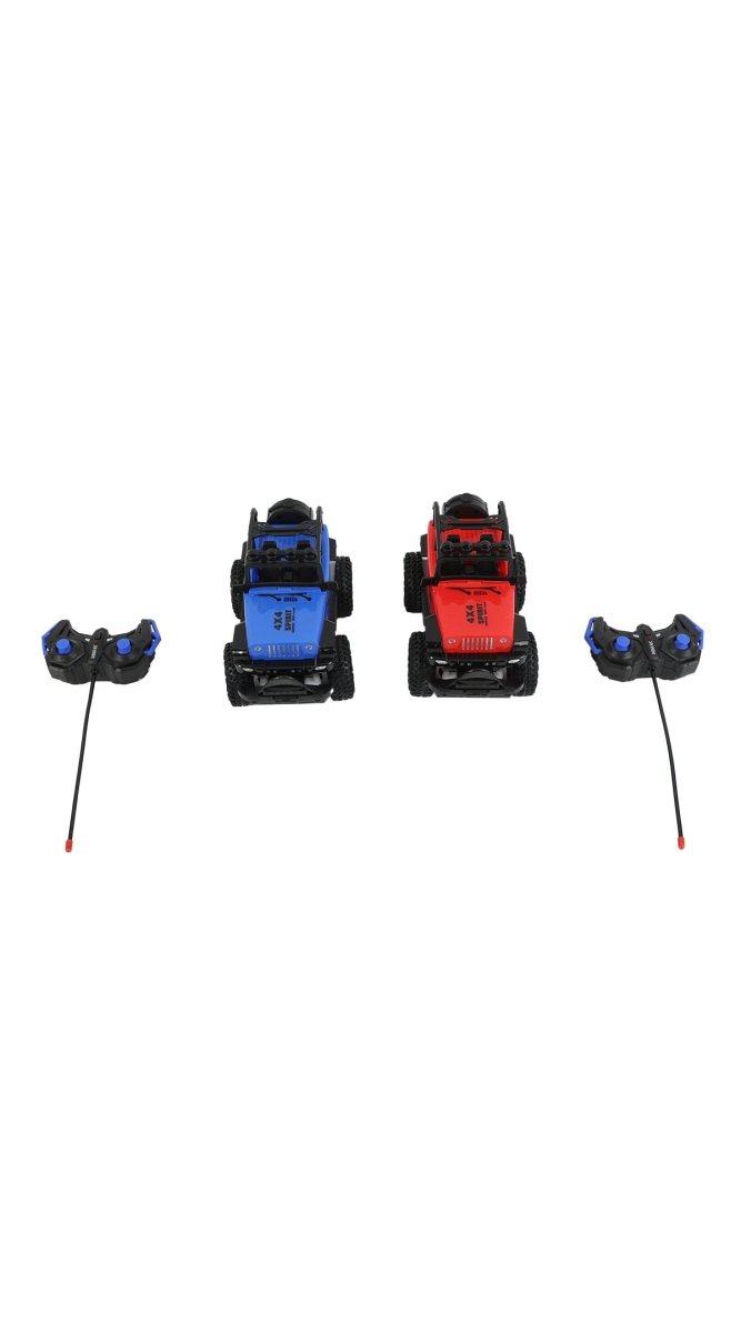 RC car remotes: blue and red control units with antennas and sticks