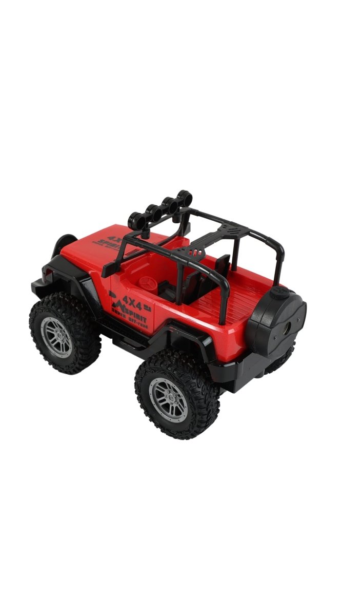 Red RC Jeep off-road car with roof bar and front grille details