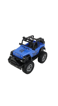 Blue RC Jeep off-road car angled view with roof rack and tires