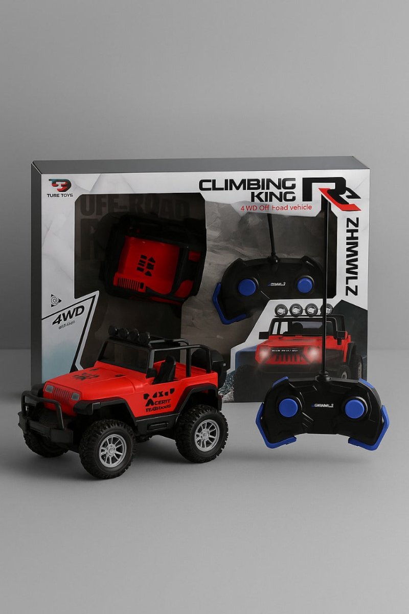 RC Jeep toy car set with red vehicle, blue vehicle, and remote controller