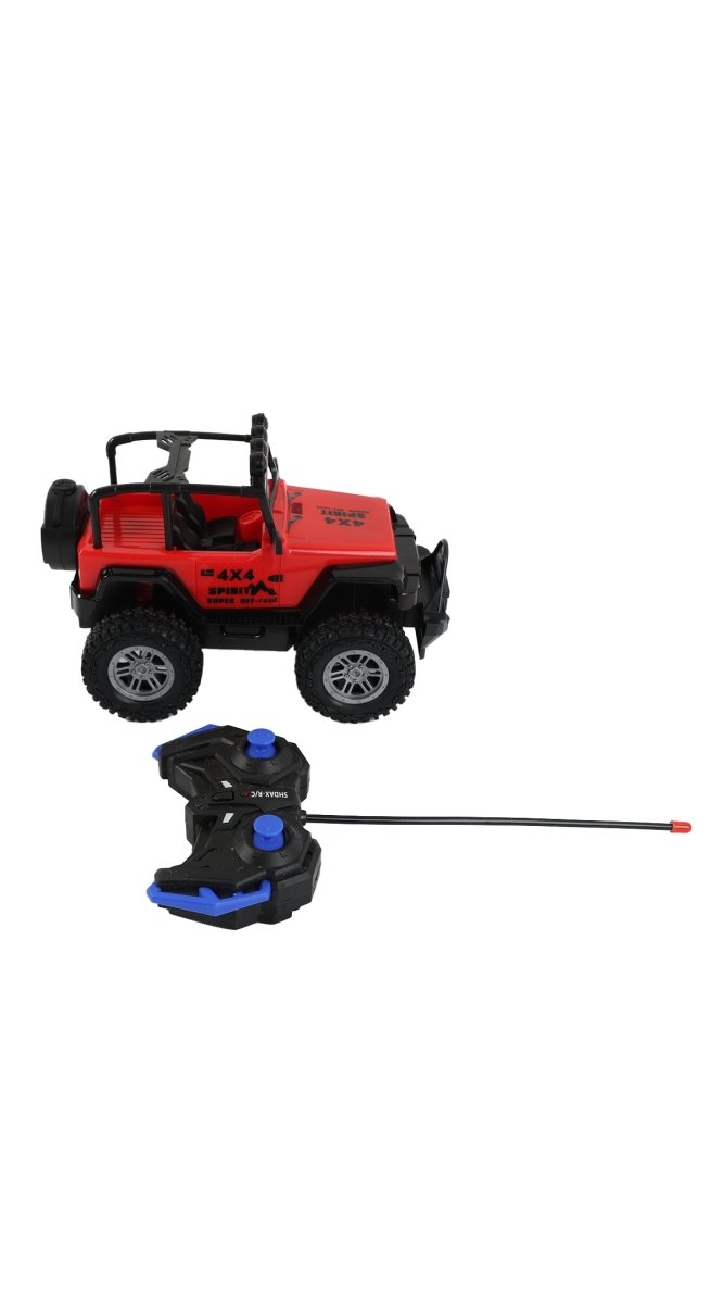 Red RC Jeep off-road car with handheld remote controller