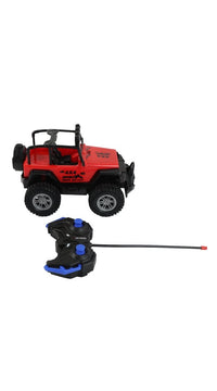 Red RC Jeep off-road car with handheld remote controller