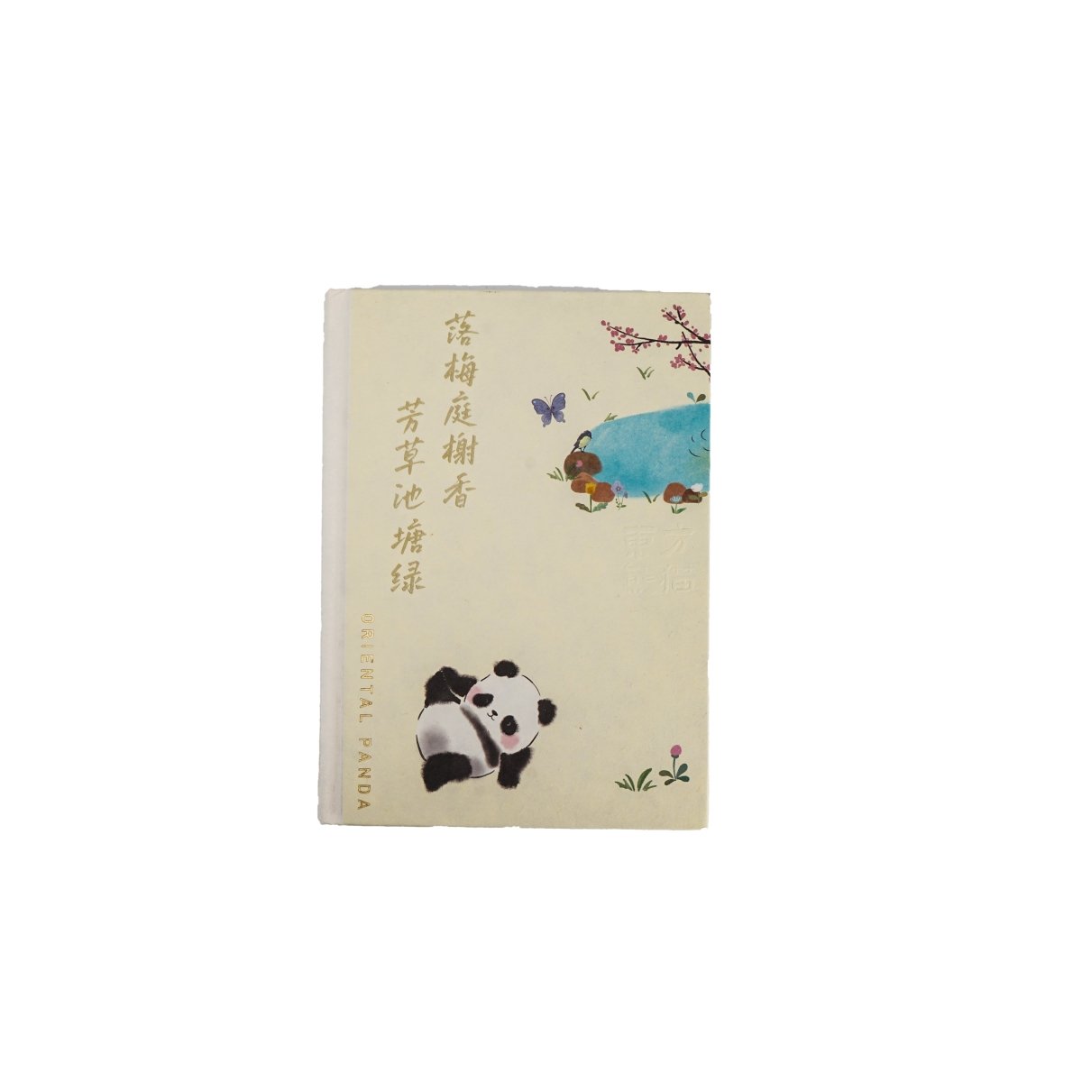 Hardback notebook with cream cover, panda illustration and colorful fish print