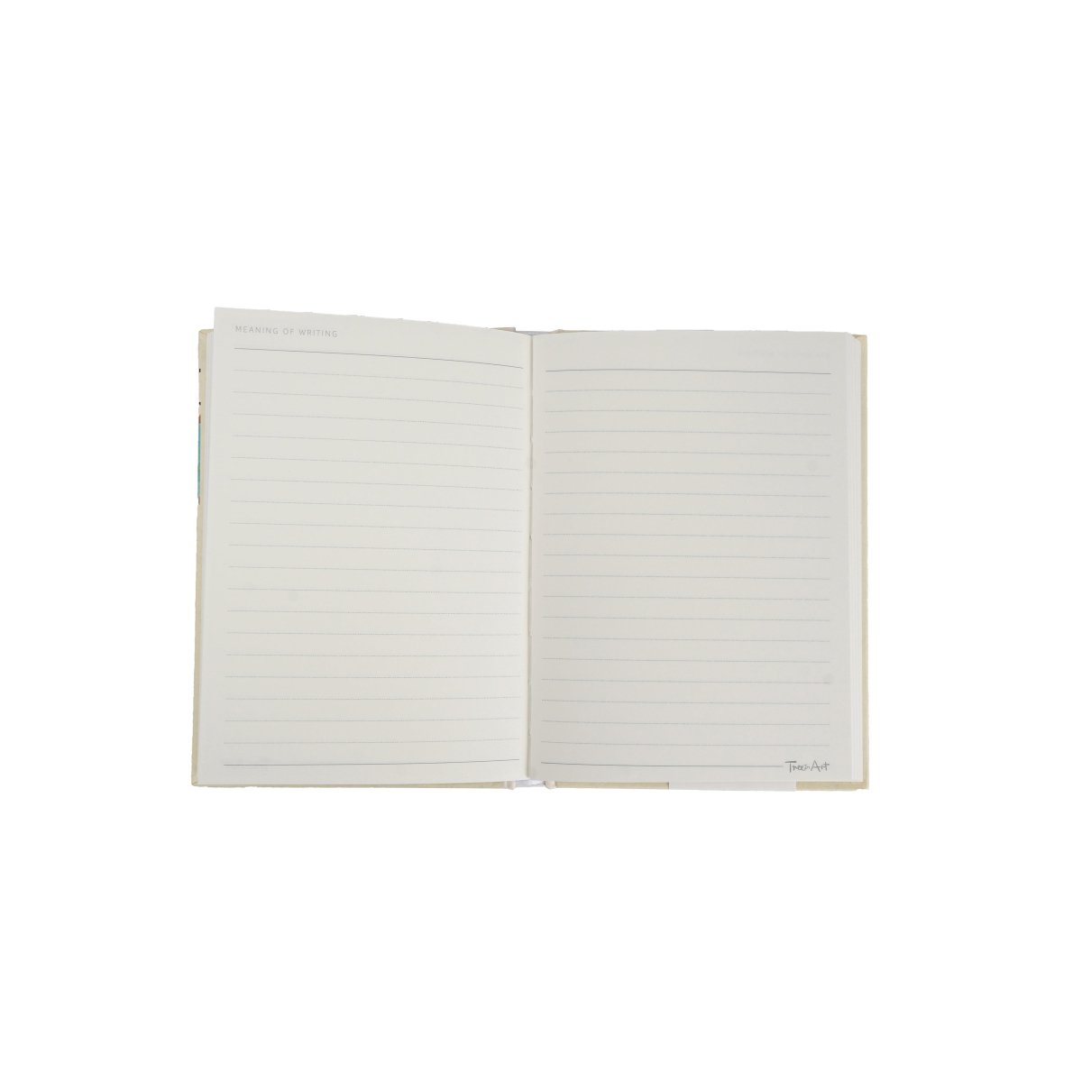 Open hardback notebook with lined pages and two-column layout, blank margins