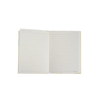 Open hardback notebook with lined pages and two-column layout, blank margins