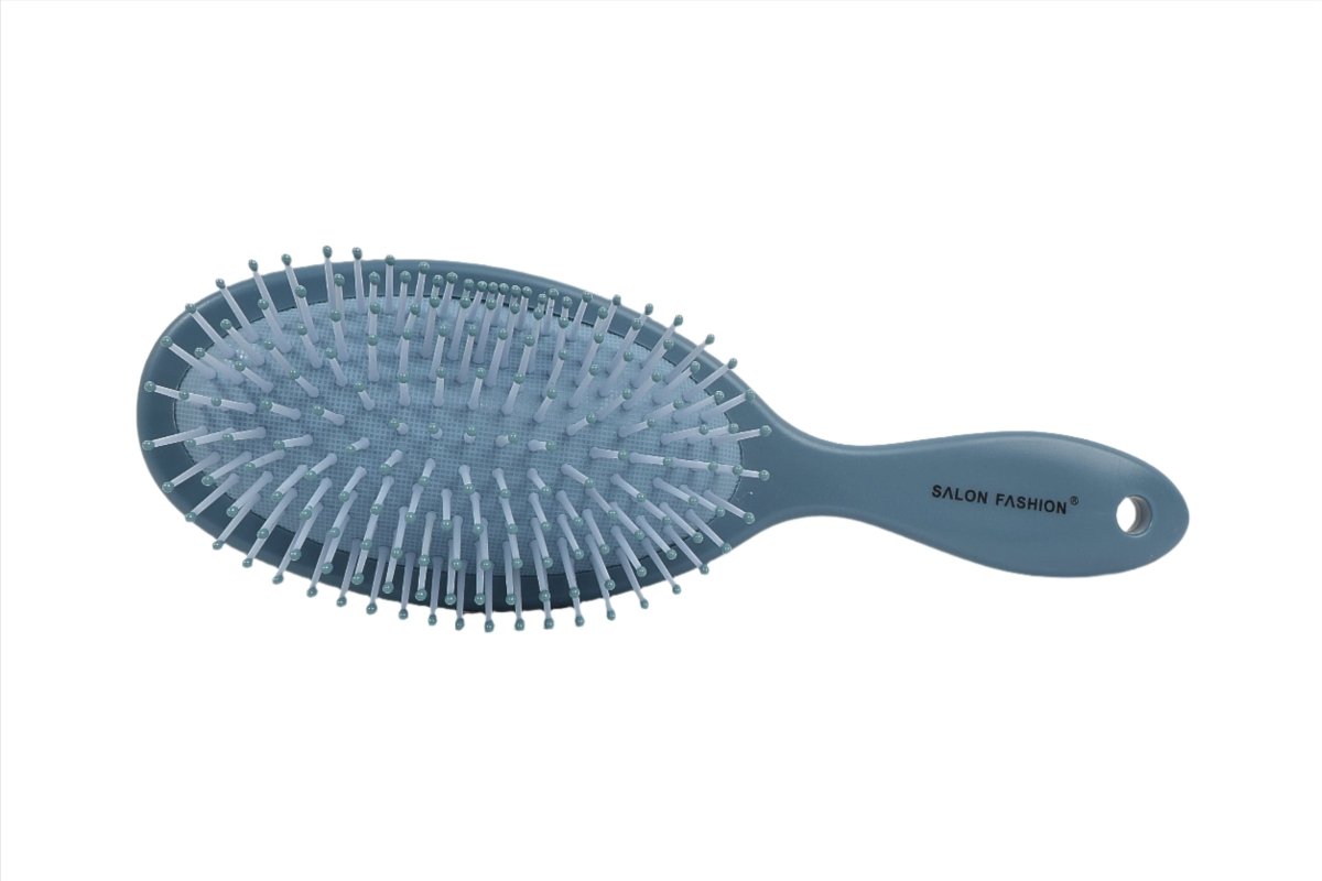 Hair brush for scalp massage, dark blue oval head with plastic pins and blue handle
