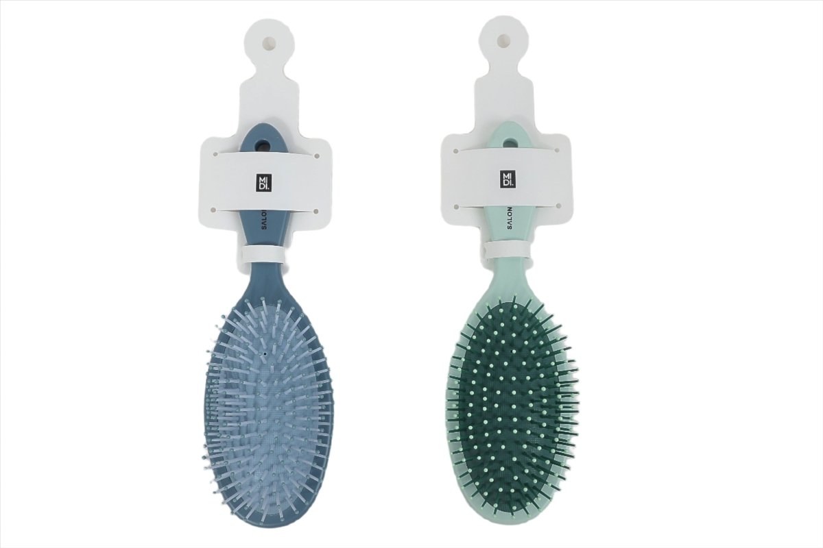 Hair brush for scalp massage set, blue and green oval brushes on a display card