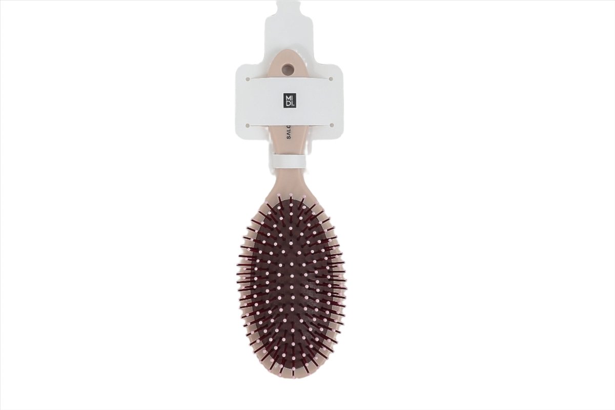 Hair brush for scalp massage, brown oval head with plastic pins and white handle