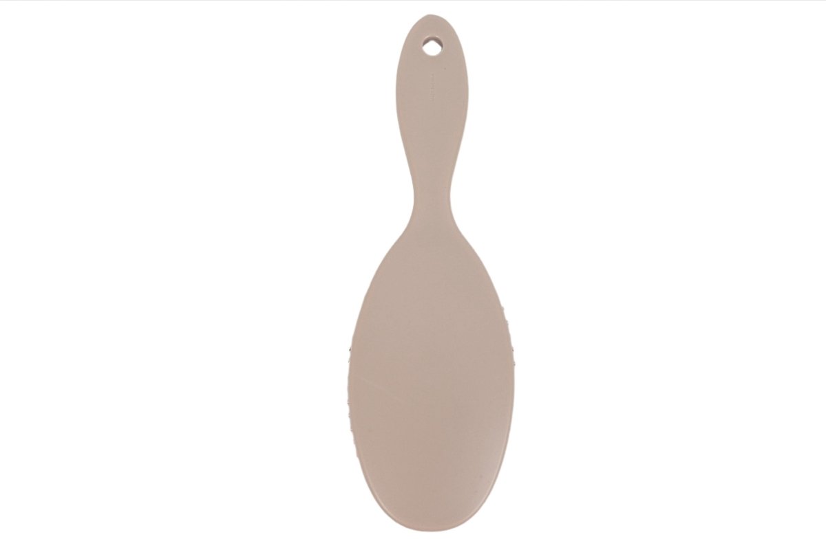 Beige hair brush handle for scalp massage, oval shape with hanging hole