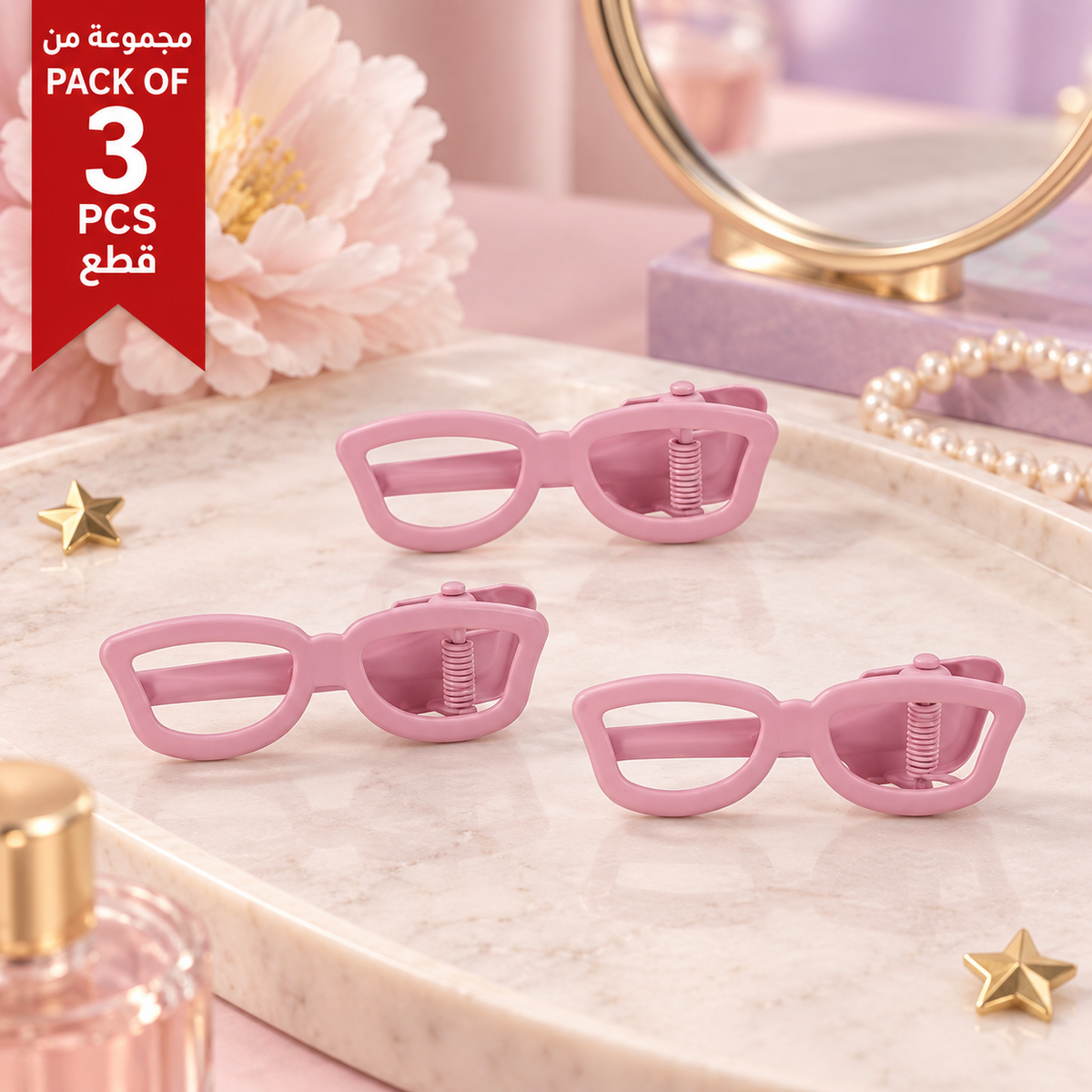 Pack of 3 Pink Eyeglass-Shaped Hair Clip Sets lifestyle design