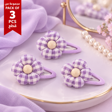 Pack of 3 Purple Gingham Floral Fabric Hair Clips lifestyle design