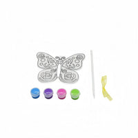 Butterfly suncatcher craft template with assorted paint pots and yellow ribbon piece