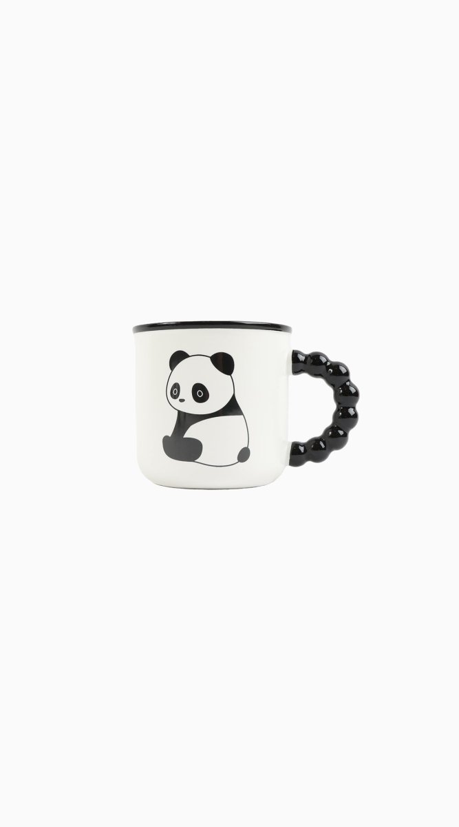 Ceramic panda mug with panda face print, black beaded handle and dark rim