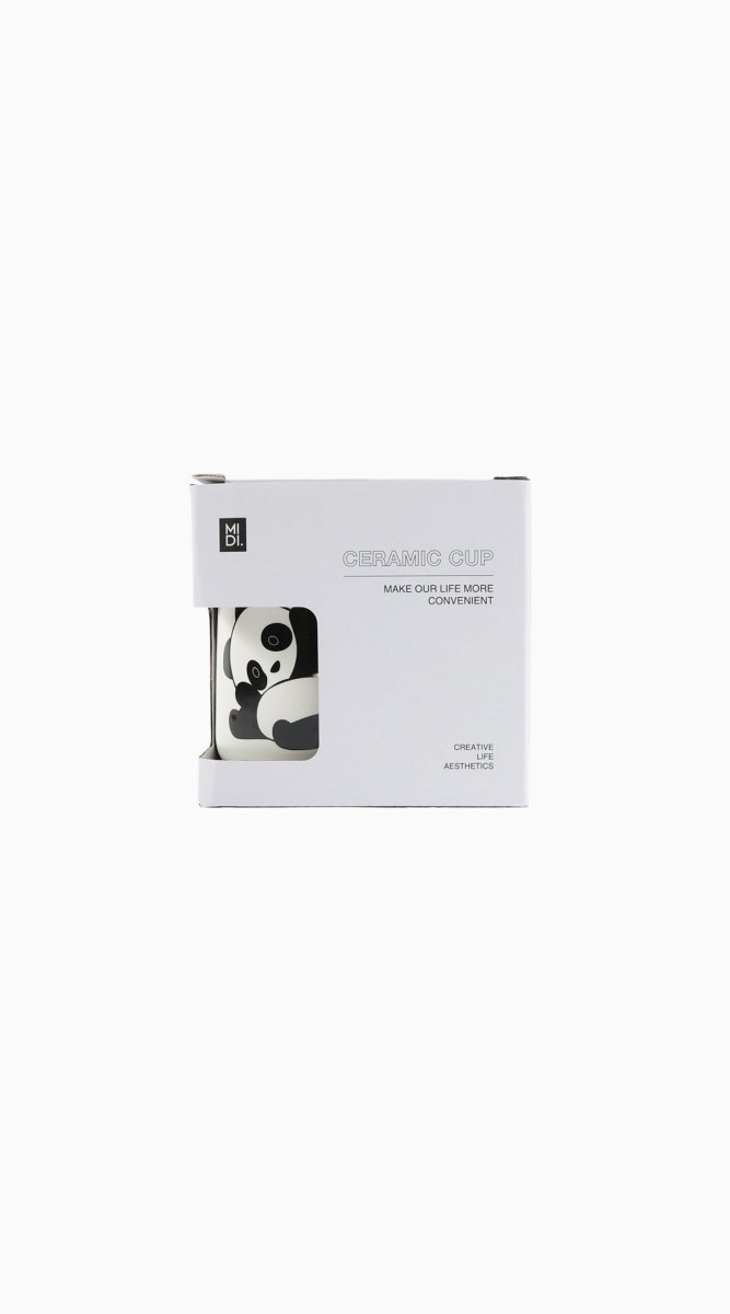 Ceramic panda cup in gift box with illustrated panda on white packaging