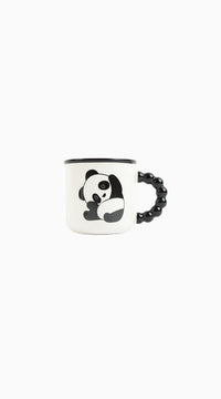 Ceramic panda mug with panda graphic, black beaded handle and dark rim