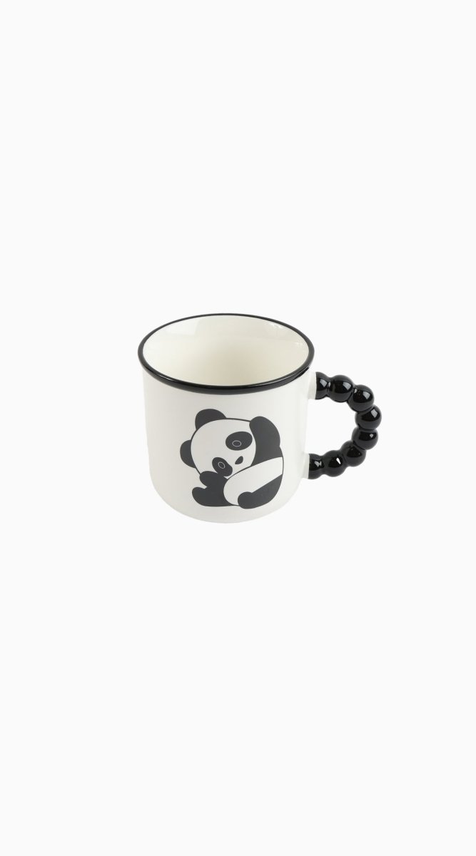 Ceramic panda design mug with black beaded handle, white body and dark rim