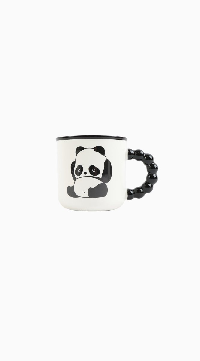 Ceramic panda mug with panda graphic, black beaded handle and dark rim