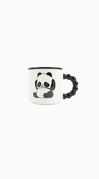 Ceramic panda mug with panda graphic, black beaded handle and dark rim
