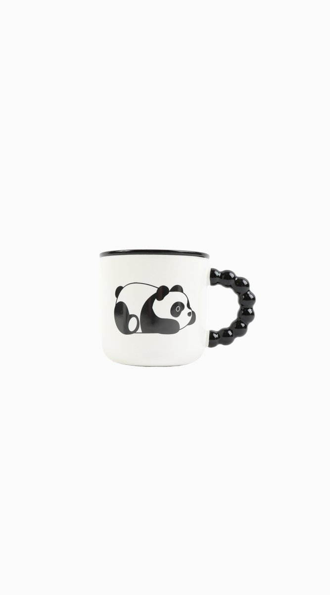 Ceramic panda mug front view with black panda graphic, dark rim and beaded handle