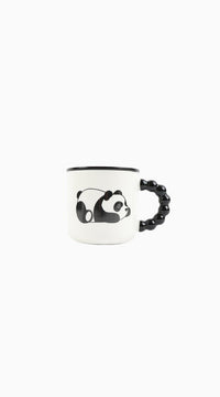 Ceramic panda mug front view with black panda graphic, dark rim and beaded handle