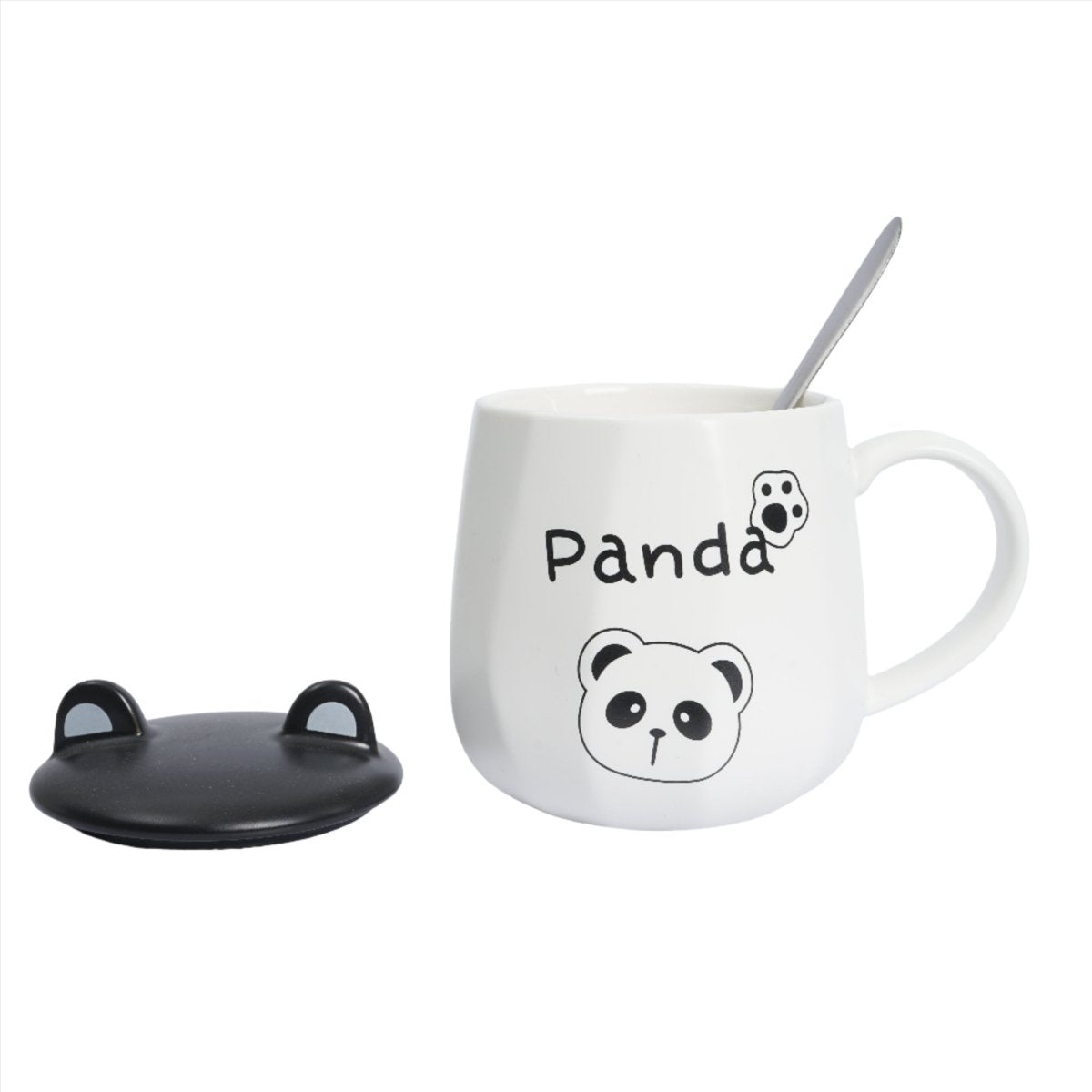 White ceramic cup with spoon and lid, panda face and 'Panda' text