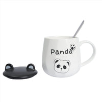 White ceramic cup with spoon and lid, panda face and 'Panda' text