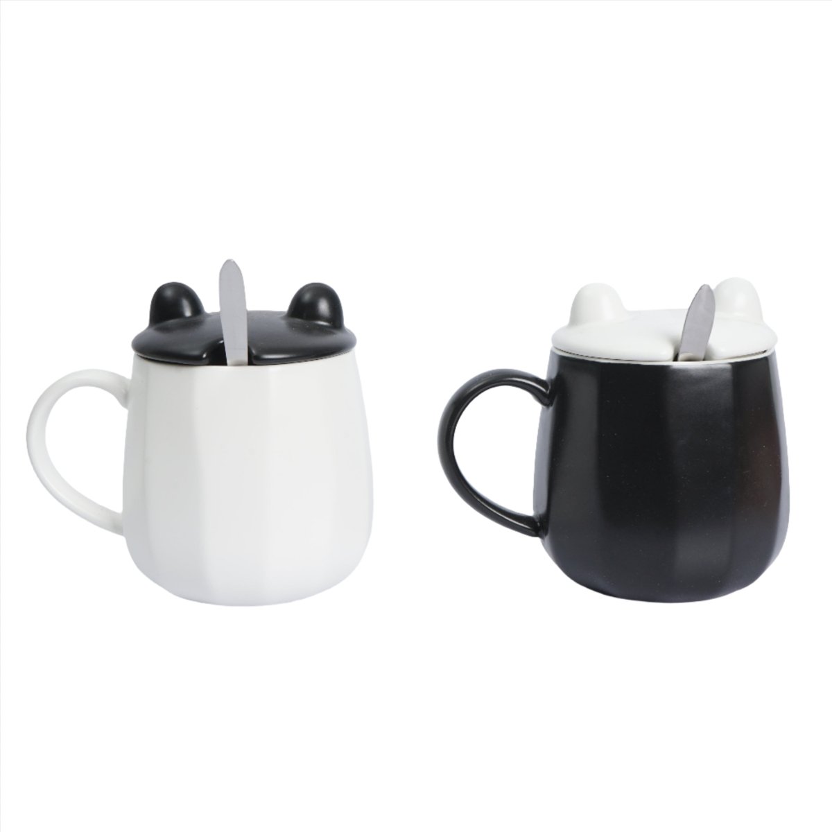 Two ceramic panda cups with lids and spoons, one white and one black