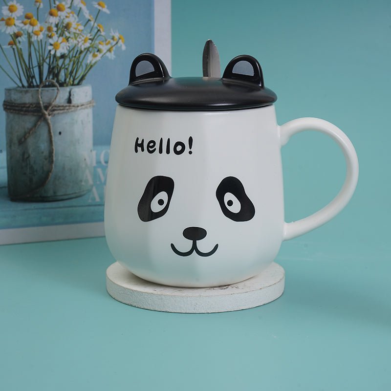 Ceramic panda cup with lid and spoon, white body with 'Hello!' print