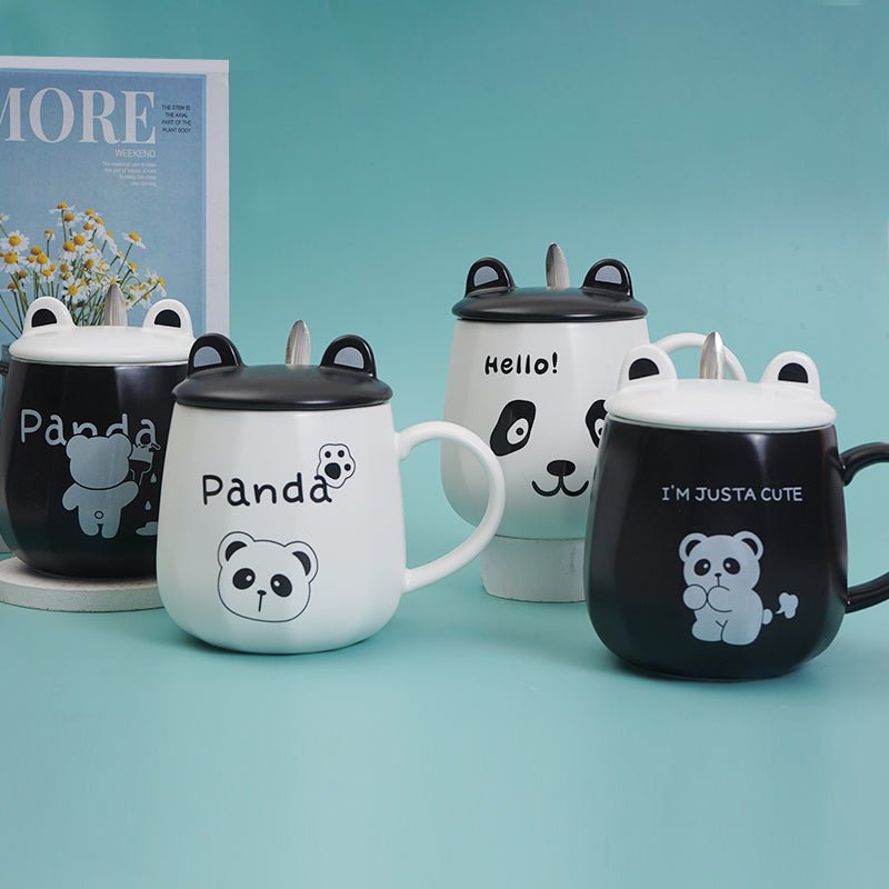 Assorted ceramic panda cups with lids and spoons, white and black designs