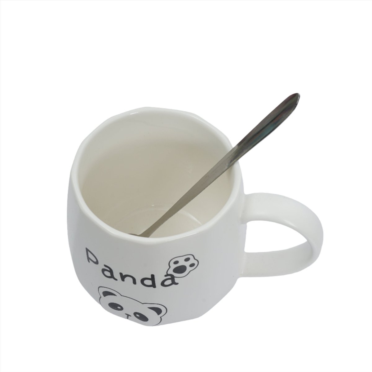 White ceramic cup with lid and spoon, panda face and 'Panda' print