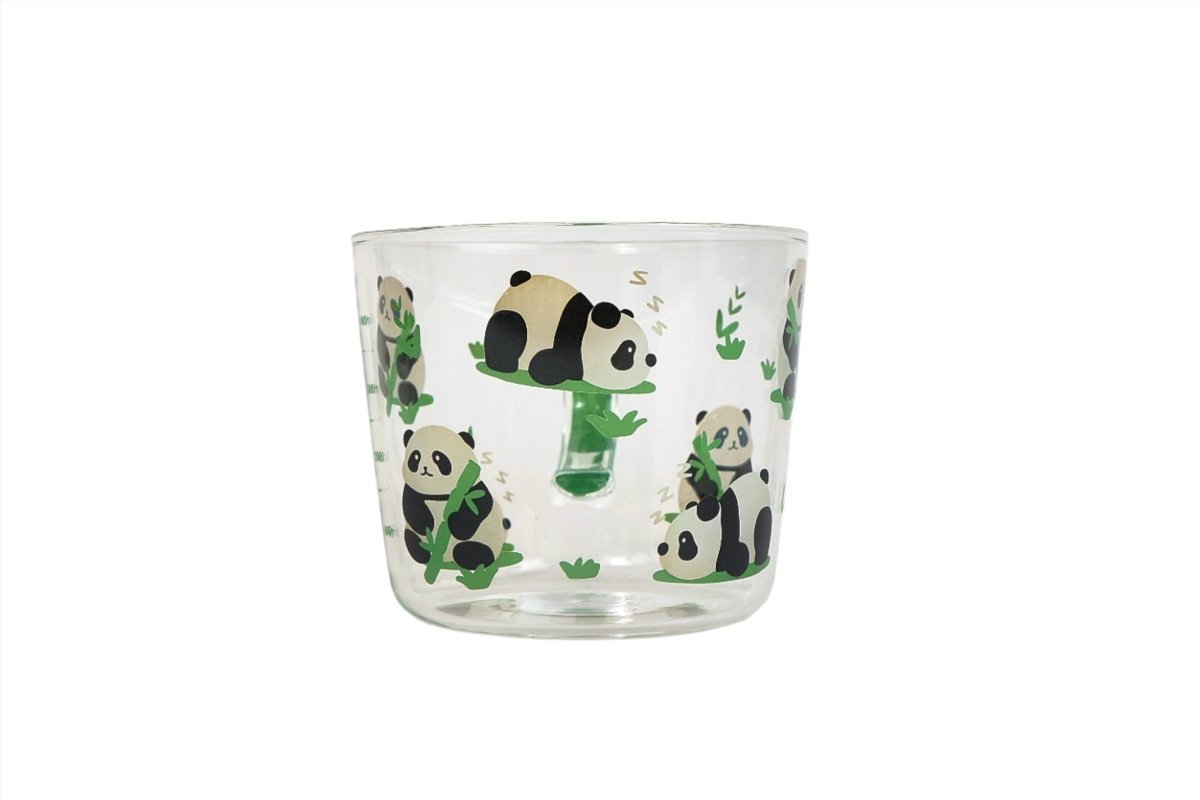 Clear glass mug with panda-and-bamboo pattern on front panel