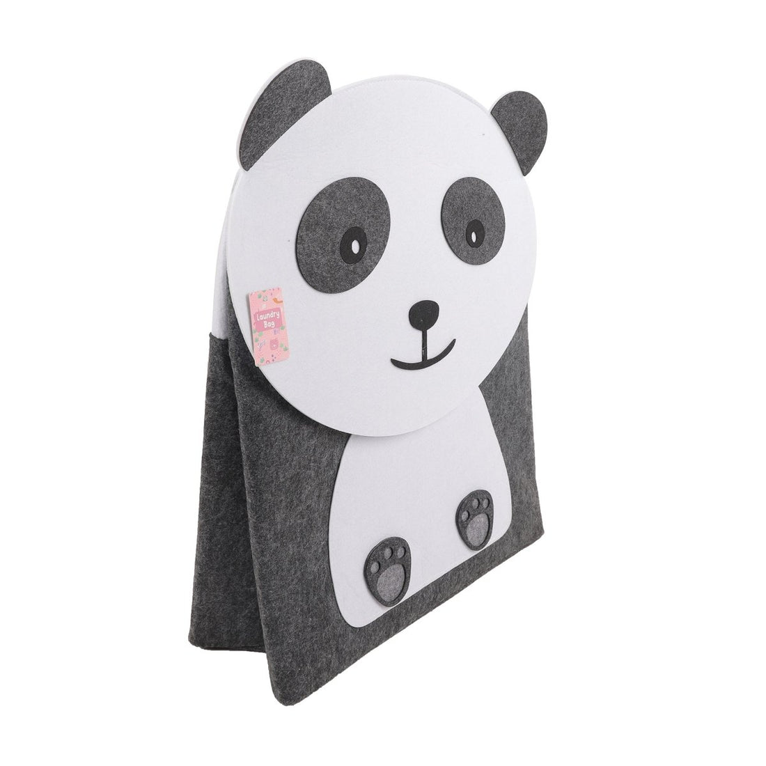Kids panda laundry basket with panda face front and curved gray carrying handle