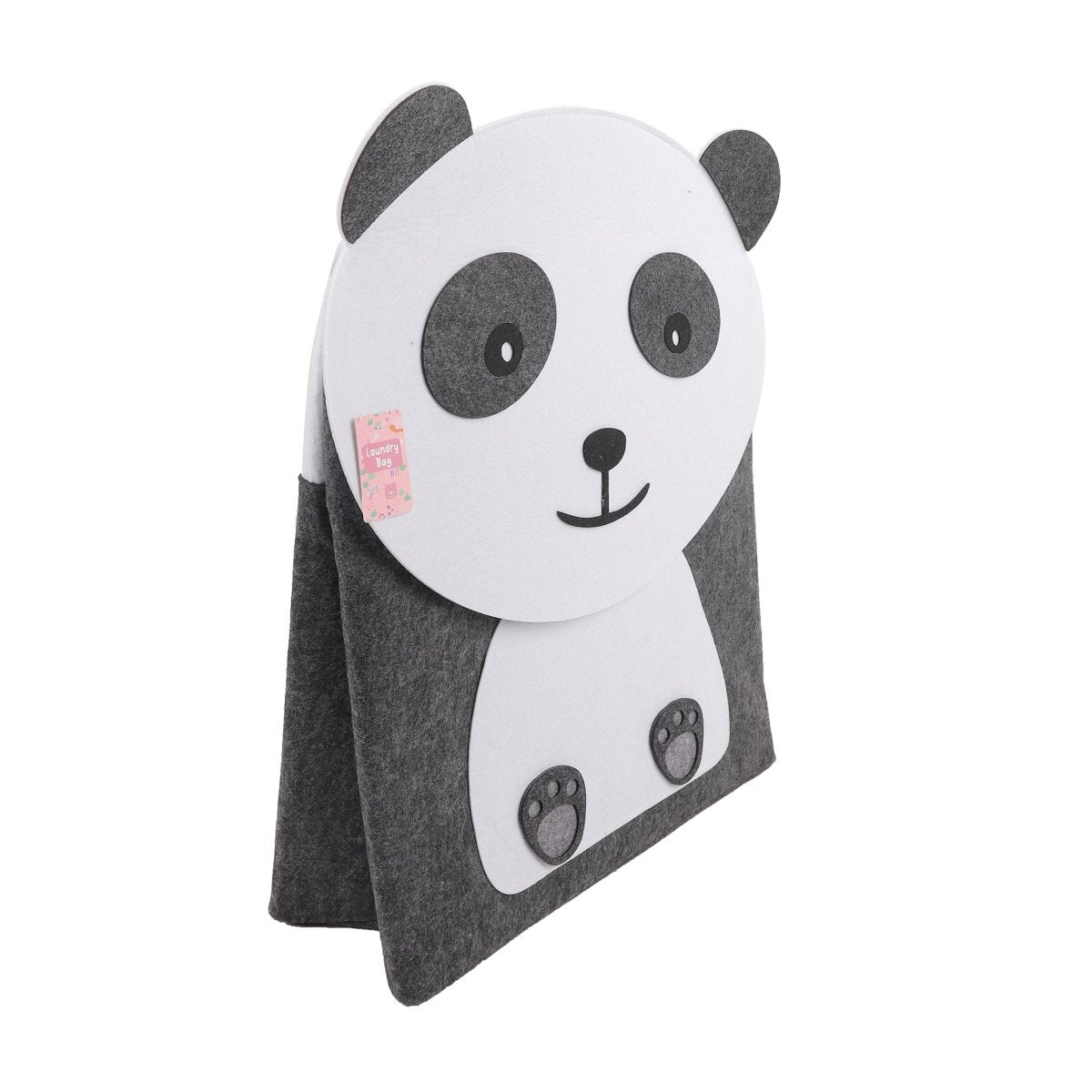 Kids panda laundry basket with panda face front and curved gray carrying handle