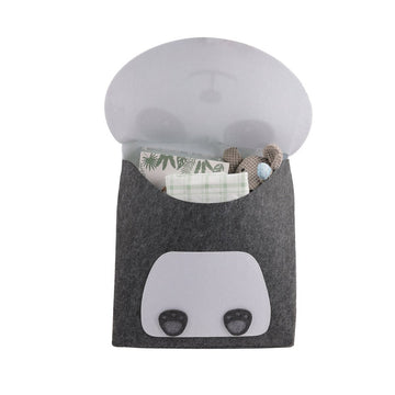 Kids panda laundry basket with open gray top and panda-face front panel